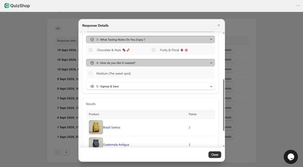 QuizShop's Responses page